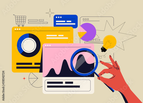 Data analytics or marketing seo optimization illustration concept with abstract infographics tabs and graphs. Vector illustration