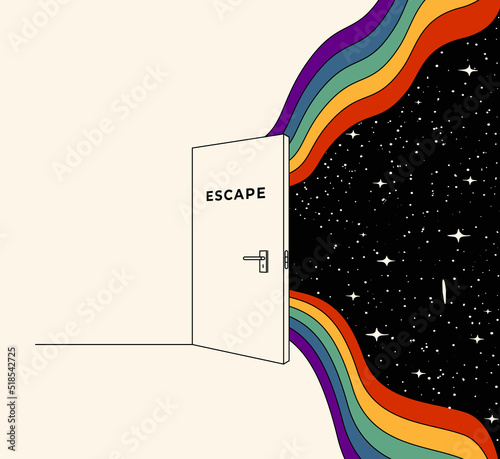 Opened door with escape sign with coming out abstract cosmos space surrounded rainbow from the doorway. Vector illustration