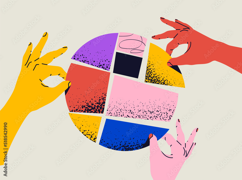 Team work or collaboration or partnership concept illustration with the hands are put together parts of abstract round shape. Vector illustration - obrazy, fototapety, plakaty 