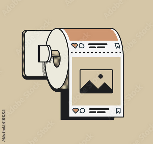 Social network news feed illustrated as a toilet paper roll as conception of media content addiction or fake news or pollution of perception. Vector illustration