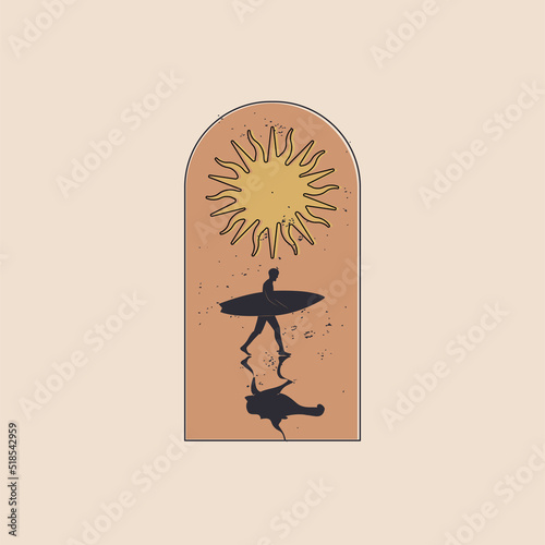 Vintage styled summer time badge with walking surfer holding surfboard under the sun. Vector illustration