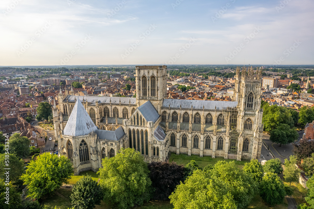The drone aerial view of York Minister. York Minster is the largest Gothic cathedral in Northern Europe. 