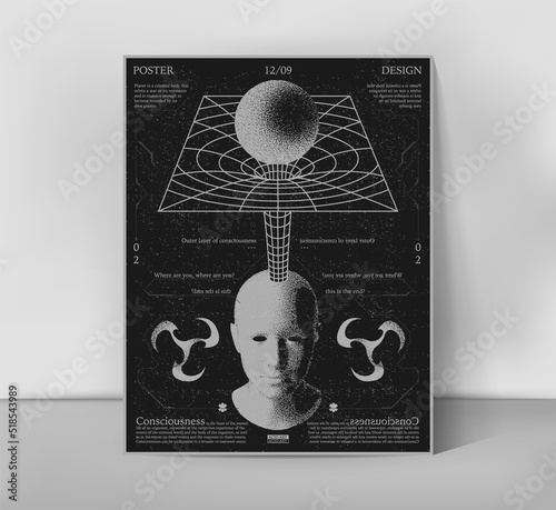 Retro futuristic poster with human head and sphere. Abstract horror print with noise, for streetwear, print for t-shirts and sweatshirts on a black background