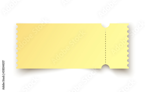 Realistic golden ticket isolated on white background. Mockup gold coupon entrance with one stub rip line and shadow. Template design for entertainment show, event, boarding pass. Vector illustration