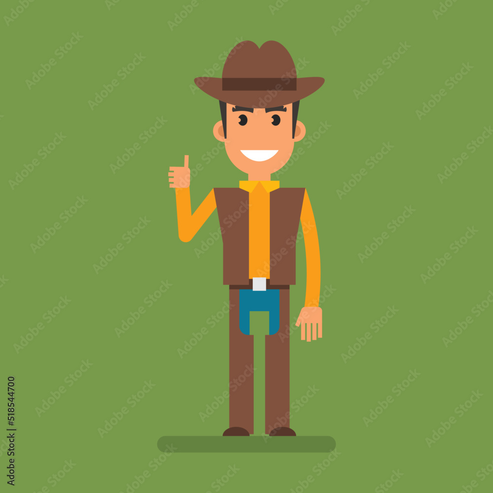 Cowboy showing thumbs up and smiling. Flat people. Vector Illustration