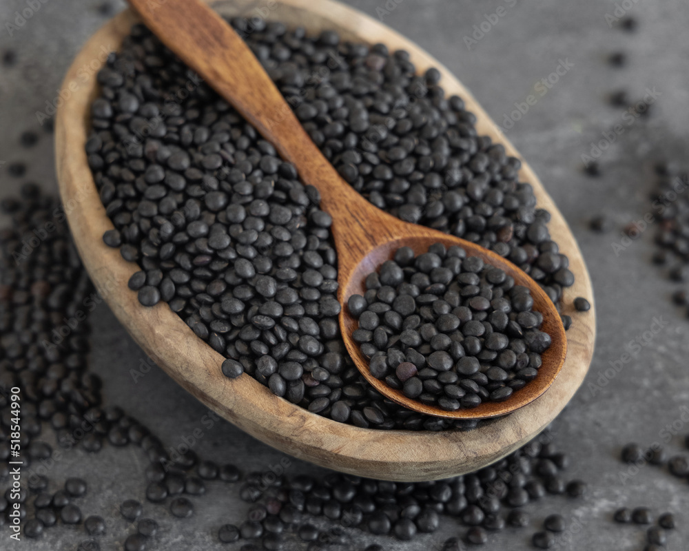 Bowl of dry black lentils beans with a spoon on grey table, protein source for vegetarian diet Bowl of dry black lentils beans with a spoon on grey table, protein source for vegetarian diet