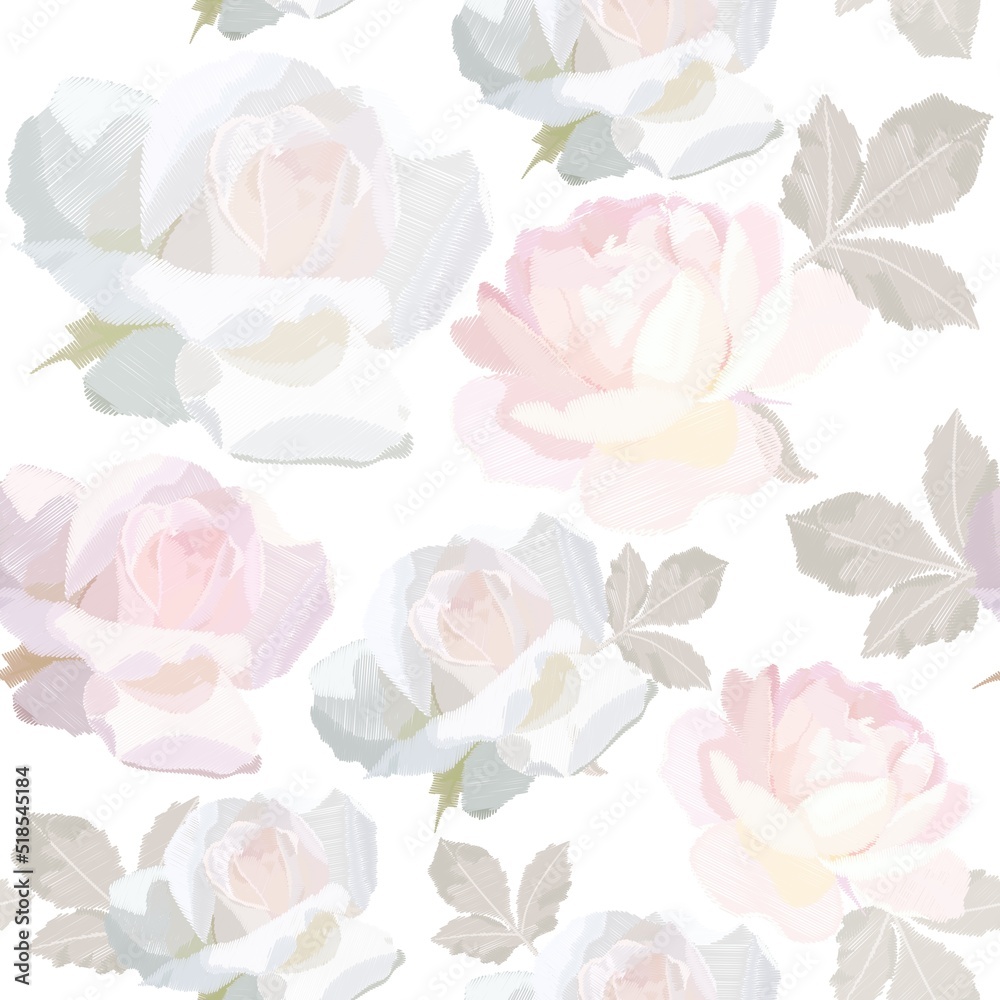 Embroidered white and soft pink roses with leaves isolated on white background in vector. Seamless print for fabric.