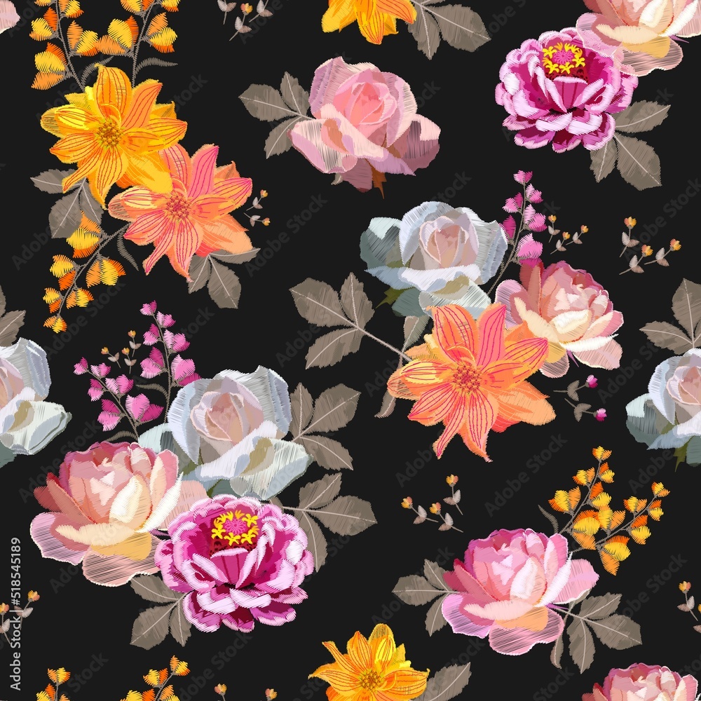 Embroidered bouquets of roses, zinnias, dahlias, bluebells on a black background in vector.