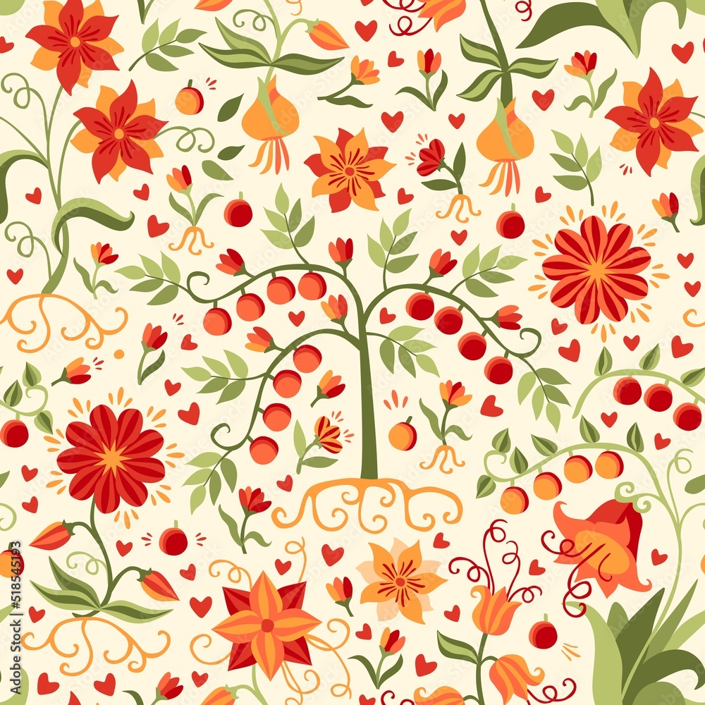 Natural seamless print for fabric with fabulous flowers, leaves, roots, tree, berries, hearts in orange, red, green colors on a light background.