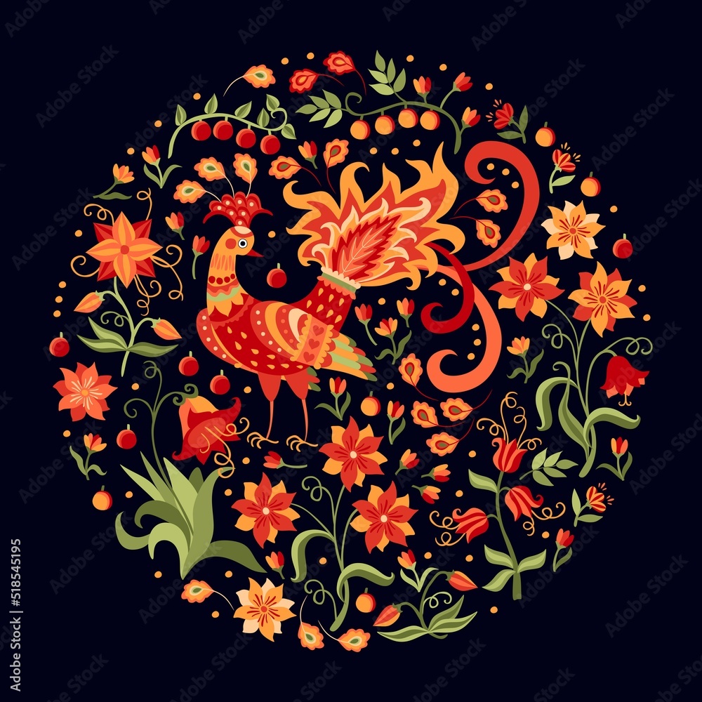 Obraz premium Round composition with a fabulous peacock, flowers, berries, leaves in red, orange and green tones on a black background. Print for card, bag, napkin, pillow in vintage style.