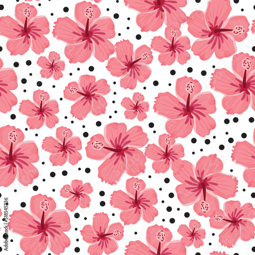 Seamless pattern with hibiscus flowers on white background.