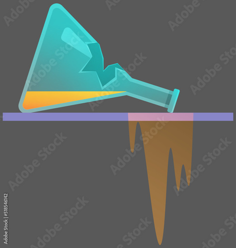 Broken laboratory beaker lies on table with flowing liquid. Test tube icon. Failed experiment in lab. Error creating vaccine. Theme of chemistry, medicine. Explosive chemical reaction, dangerous try