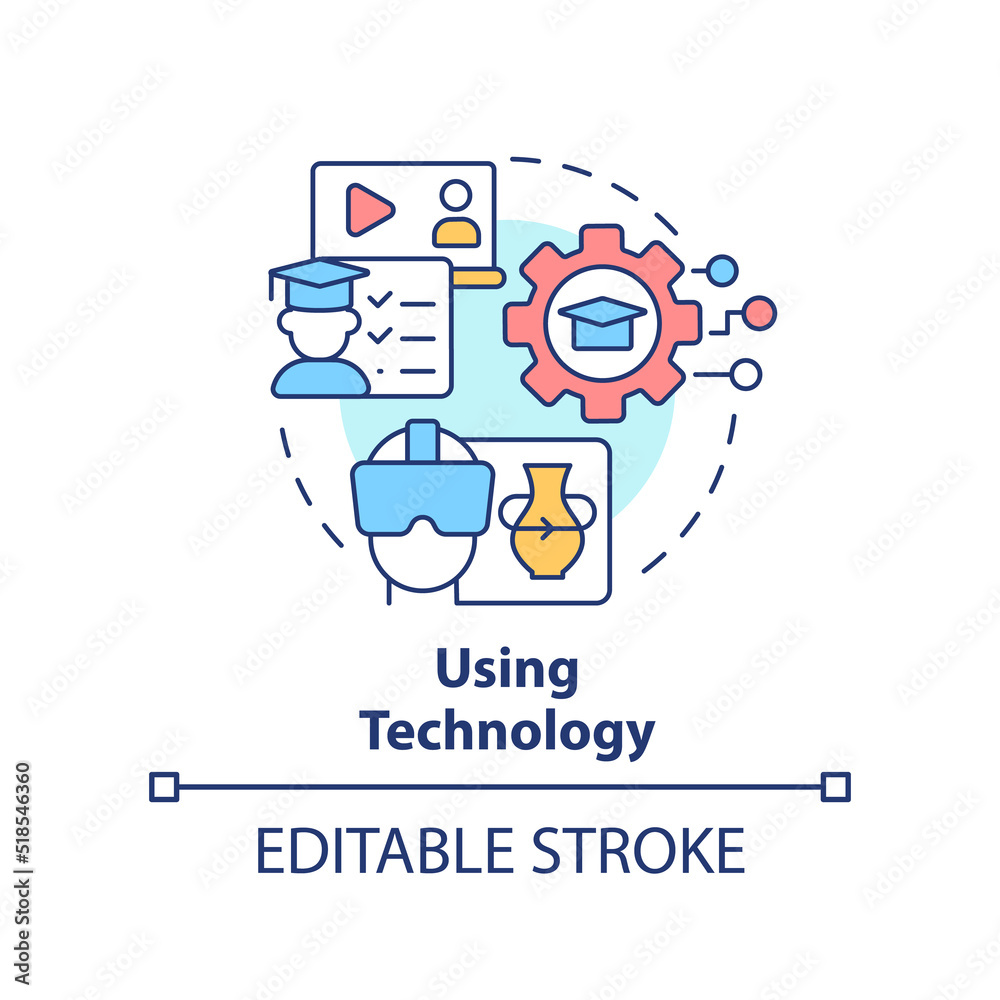 Using technology concept icon. Micro learning strategy abstract idea thin line illustration. Virtual reality training. Isolated outline drawing. Editable stroke. Arial, Myriad Pro-Bold fonts used Using technology concept icon. Micro learning strategy abstract idea thin line illustration. Virtual reality training. Isolated outline drawing. Editable stroke. Arial, Myriad Pro-Bold fonts used