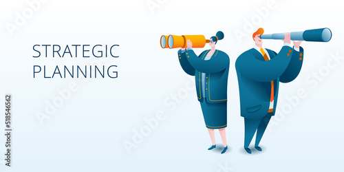 Top managers of companies in business suits look through a telescope and binoculars. A horizontal banner on the topic of finding new markets or strategic planning.