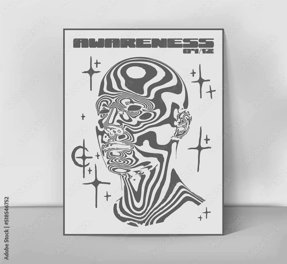 Retro futuristic poster with psychedelic human head . Stylish techno style print for streetwear, print for t-shirts and sweatshirts on white background