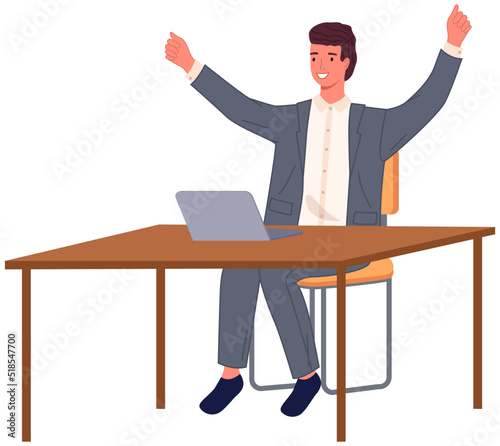 Workplace of young man working from office. Employee using laptop computer for project creation. Brainstorming guy at workspace raises hand. Male character during work with technology