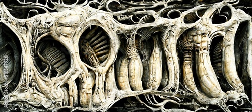 Fototapeta Naklejka Na Ścianę i Meble -  Macabre bone wall in ivory white, interconnected skeletal rib cage, spinal cords and skull elements. Creepy alien spaceship interior surrealism.  