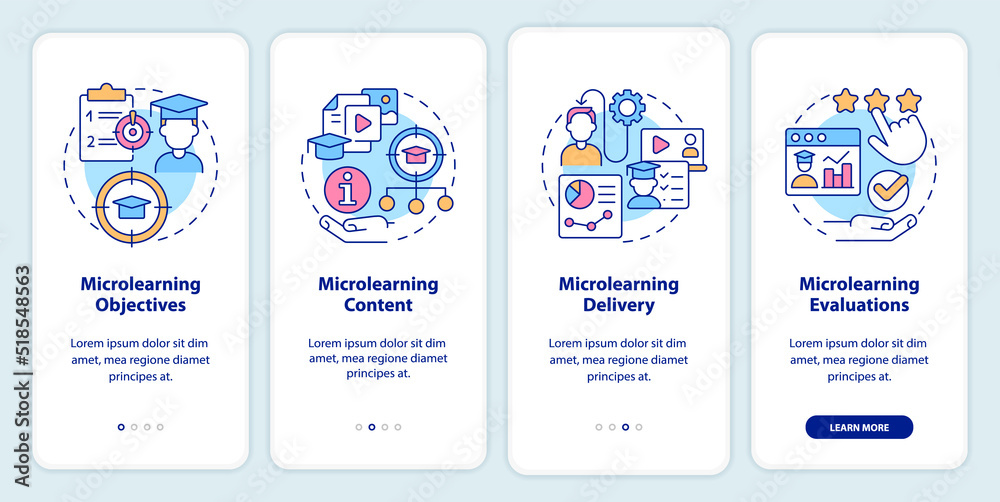Elements of microlearning onboarding mobile app screen. Content walkthrough 4 steps editable graphic instructions with linear concepts. UI, UX, GUI template. Myriad Pro-Bold, Regular fonts used