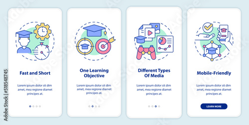 Principles of microlearning onboarding mobile app screen. Fast, short walkthrough 4 steps editable graphic instructions with linear concepts. UI, UX, GUI template. Myriad Pro-Bold, Regular fonts used
