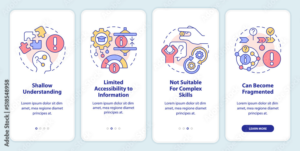Disadvantages of microlearning onboarding mobile app screen. Limits walkthrough 4 steps editable graphic instructions with linear concepts. UI, UX, GUI template. Myriad Pro-Bold, Regular fonts used
