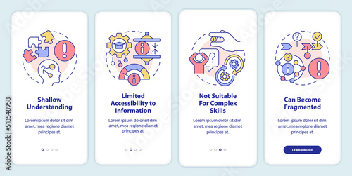 Disadvantages of microlearning onboarding mobile app screen. Limits walkthrough 4 steps editable graphic instructions with linear concepts. UI, UX, GUI template. Myriad Pro-Bold, Regular fonts used