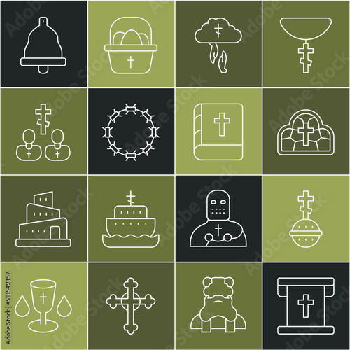 Set line Flag with christian cross, Christian, Stained glass, God's helping hand, Crown of thorns, Priest, Church bell and Holy bible book icon. Vector