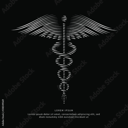 simple line art Vector logo Medicine symbol silhouette on a dark background. Snake medical icon, caduceus logo vector template suitable for organization, company, or community. EPS 10
