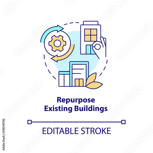 Repurpose existing buildings concept icon. Carbon neutralization strategy abstract idea thin line illustration. Isolated outline drawing. Editable stroke. Arial, Myriad Pro-Bold fonts used