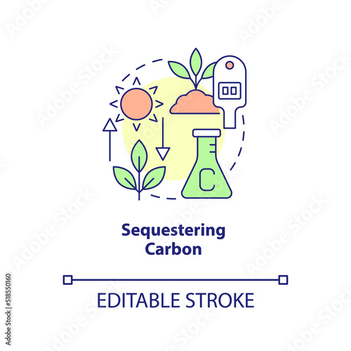 Sequestering carbon concept icon. Reducing CO2 pollution. Net zero abstract idea thin line illustration. Isolated outline drawing. Editable stroke. Arial, Myriad Pro-Bold fonts used photo