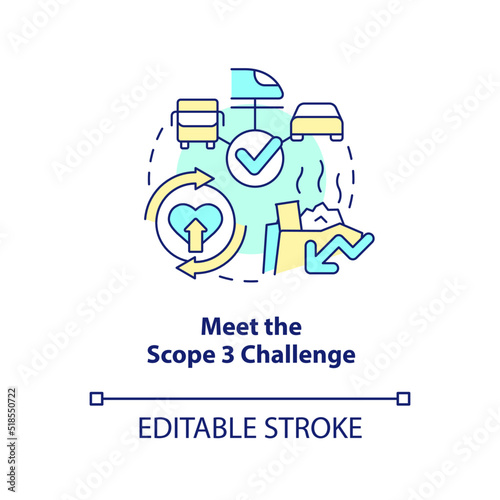 Meet scope three challenge concept icon. Transforming business to net zero abstract idea thin line illustration. Isolated outline drawing. Editable stroke. Arial, Myriad Pro-Bold fonts used
