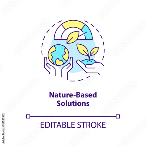 Nature based solutions concept icon. Dealing with pollutions. Global net zero goal abstract idea thin line illustration. Isolated outline drawing. Editable stroke. Arial, Myriad Pro-Bold fonts used