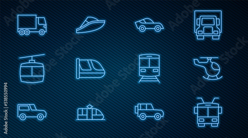 Set line Trolleybus, Helicopter, Car, Train and railway, Cable car, Delivery cargo truck, and Speedboat icon. Vector
