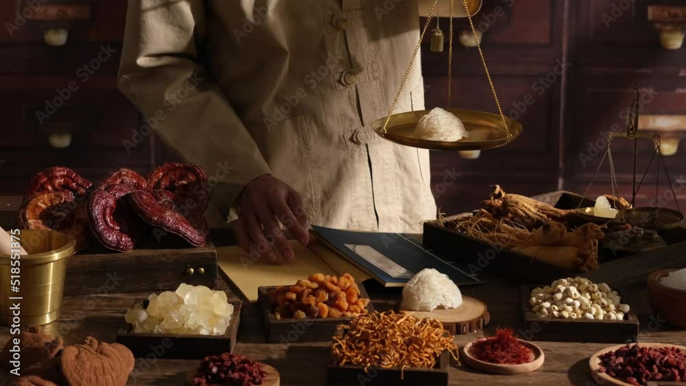 Herb doctor measuring the edible bird nest decorated with traditional medicine in wooden table , healthy food content , video clip stock