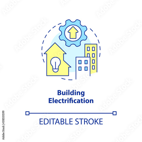 Building electrification concept icon. Energy efficiency. Net zero practice abstract idea thin line illustration. Isolated outline drawing. Editable stroke. Arial, Myriad Pro-Bold fonts used