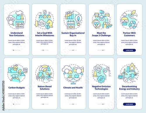 Transforming to net zero onboarding mobile app screen. Pollution walkthrough 5 steps editable graphic instructions with linear concepts. UI, UX, GUI template. Myriad Pro-Bold, Regular fonts used