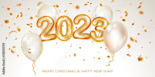 Festive Christmas background with white balloons  numbers 2023 of golden foil balloons and shiny pieces of serpentine. Vector illustration for posters  flyers or cards