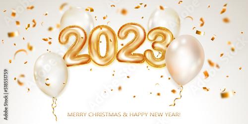 Festive Christmas background with white balloons, numbers 2023 of golden foil balloons and shiny pieces of serpentine. Vector illustration for posters, flyers or cards