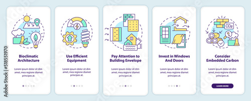 Net zero design approach onboarding mobile app screen. Sustainability walkthrough 5 steps editable graphic instructions with linear concepts. UI, UX, GUI template. Myriad Pro-Bold, Regular fonts used