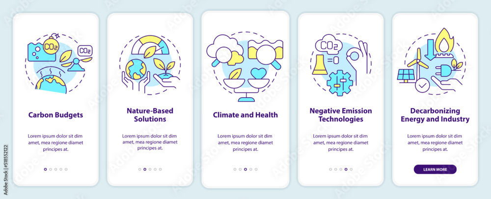 Global net zero goals onboarding mobile app screen. Carbon removal walkthrough 5 steps editable graphic instructions with linear concepts. UI, UX, GUI template. Myriad Pro-Bold, Regular fonts used