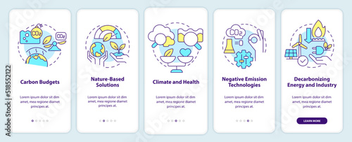 Global net zero goals onboarding mobile app screen. Carbon removal walkthrough 5 steps editable graphic instructions with linear concepts. UI, UX, GUI template. Myriad Pro-Bold, Regular fonts used
