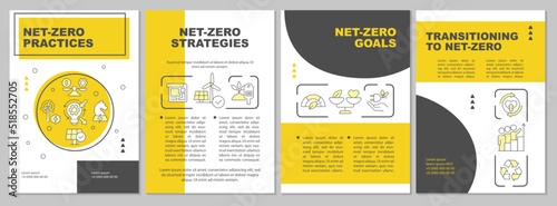 Net zero program yellow brochure template. Remove carbon. Leaflet design with linear icons. Editable 4 vector layouts for presentation, annual reports. Arial, Myriad Pro-Regular fonts used