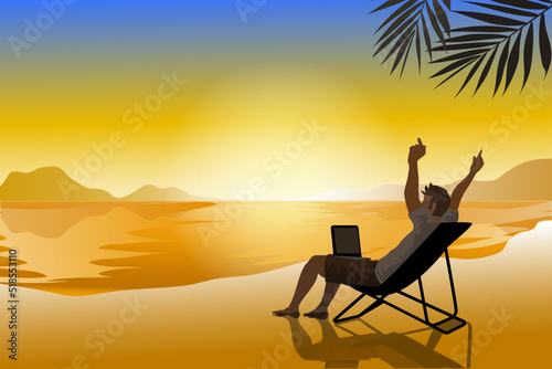 Man working and relaxation on vacation at the beach. holiday relax and working concept
