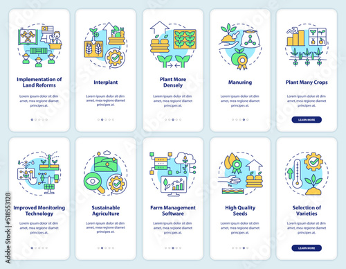 Farming productivity onboarding mobile app screen set. Walkthrough 5 steps editable graphic instructions with linear concepts. UI, UX, GUI template. Myriad Pro-Bold, Regular fonts used