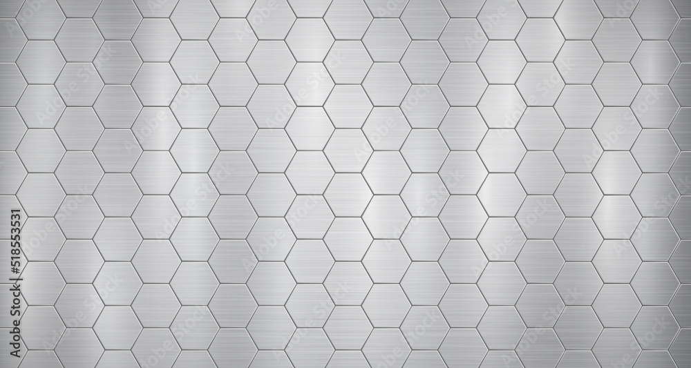 Abstract metallic background in gray colors with highlights, consisting of voluminous convex hexagonal plates Abstract metallic background in gray colors with highlights, consisting of voluminous convex hexagonal plates