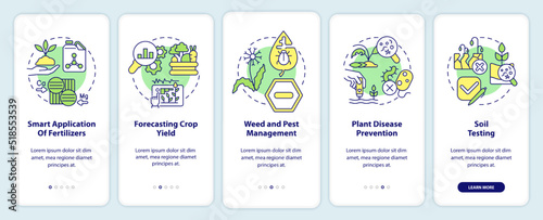 Increased crop yield onboarding mobile app screen. Agribusiness walkthrough 5 steps editable graphic instructions with linear concepts. UI, UX, GUI template. Myriad Pro-Bold, Regular fonts used