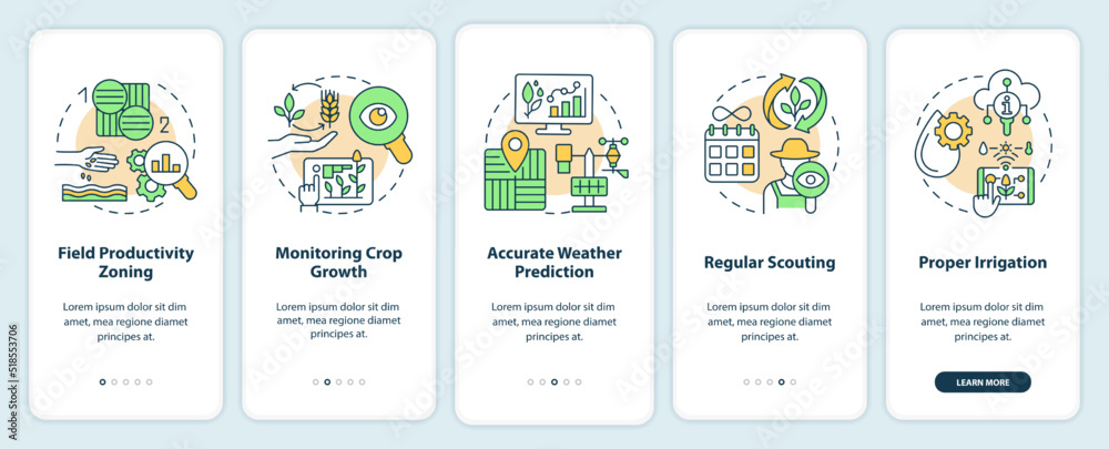 Increased crop yield factors onboarding mobile app screen. Walkthrough 5 steps editable graphic instructions with linear concepts. UI, UX, GUI template. Myriad Pro-Bold, Regular fonts used Increased crop yield factors onboarding mobile app screen. Walkthrough 5 steps editable graphic instructions with linear concepts. UI, UX, GUI template. Myriad Pro-Bold, Regular fonts used