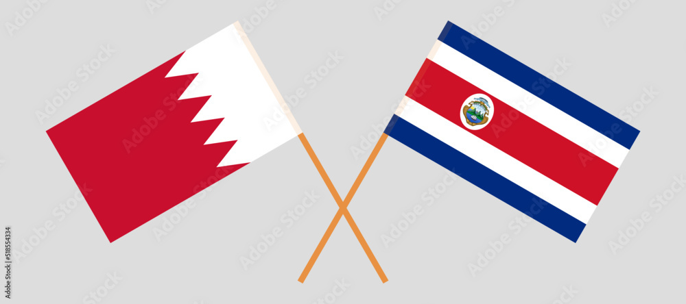 Crossed flags of Bahrain and Costa Rica. Official colors. Correct proportion