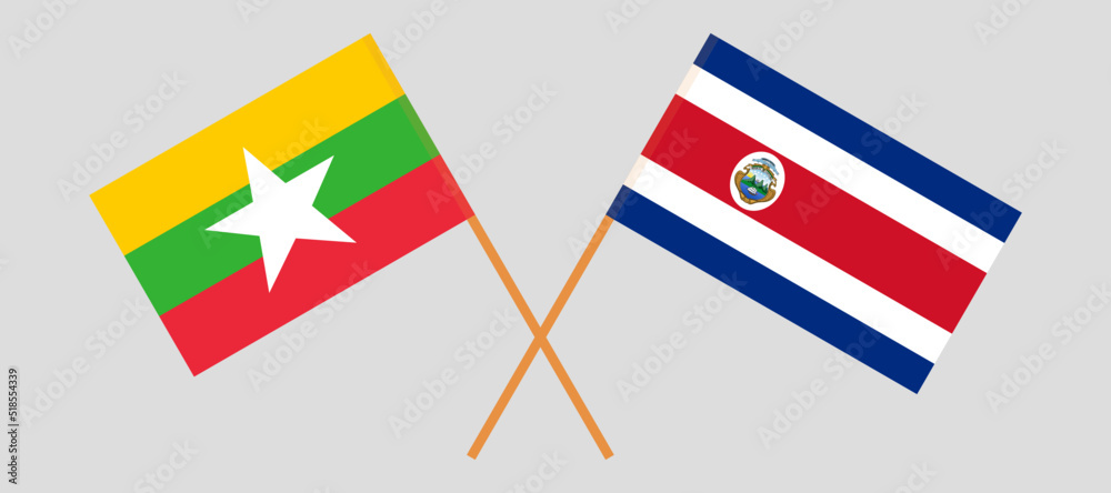 Crossed flags of Myanmar and Costa Rica. Official colors. Correct proportion