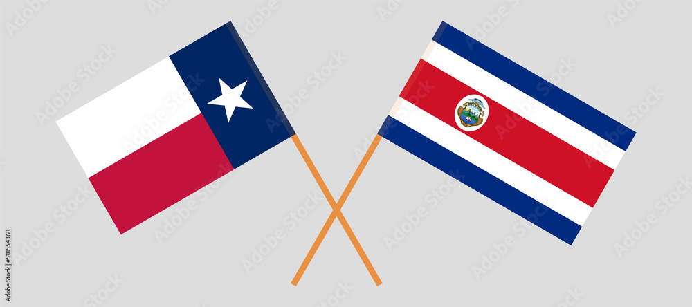 Crossed flags of the State of Texas and Costa Rica. Official colors. Correct proportion