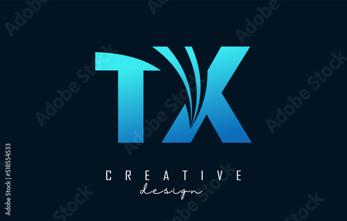 Creative blue letter TX t x logo with leading lines and road concept design. Letters with geometric design. Vector Illustration with letter and creative cuts.